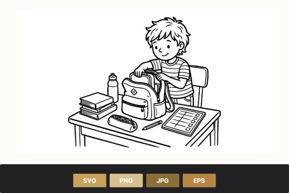 Boy Packing School Backpack Line Art Graphics