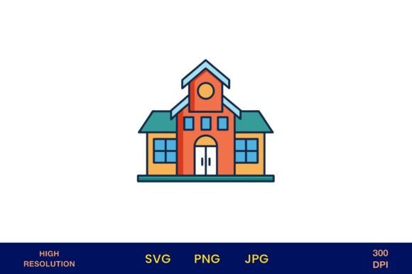 Bright School House Icon with Clock
