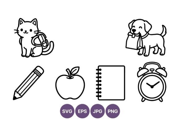 Cute Black White Cat Dog School Icons Graphics