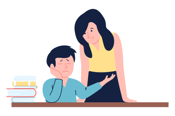 Mother Support Son with School Learning Graphics