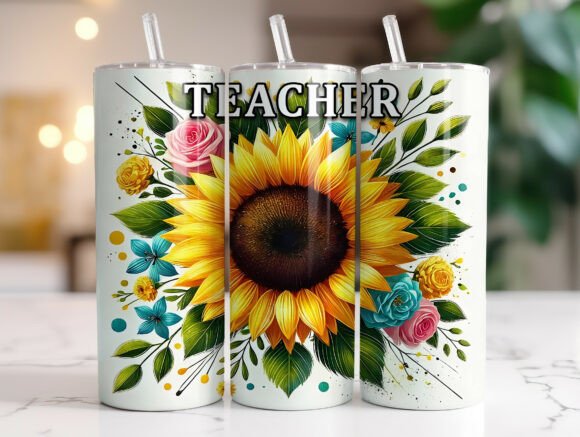 Teacher Sunflower Floral Tumbler Wrap Graphics